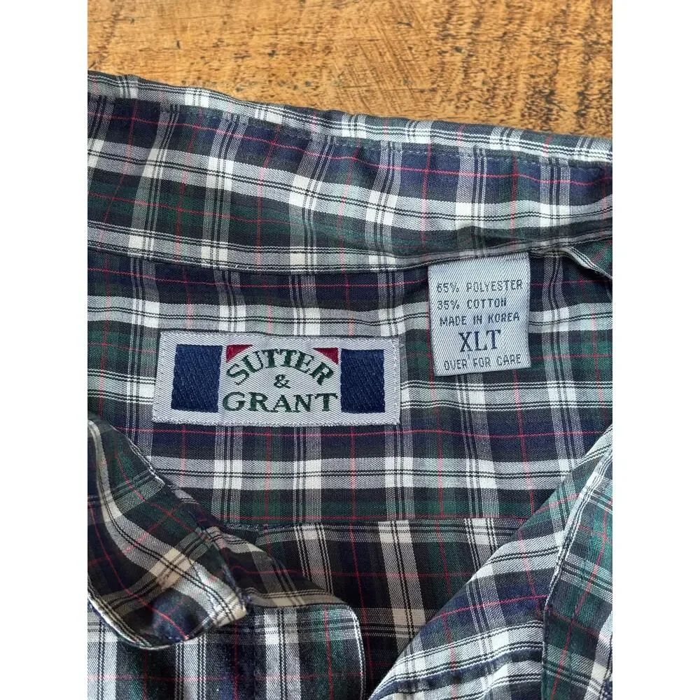 Mens Sutter & Grant Green Navy Plaid Long Sleeve Button Down Shirt Pocket XLT - Picture 5 of 7